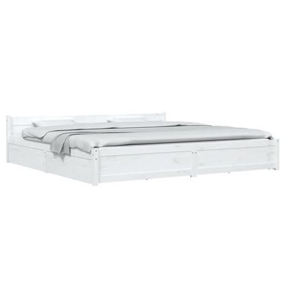 White King Bed Frame with Drawers Solid Pine Wood Storage Headboard