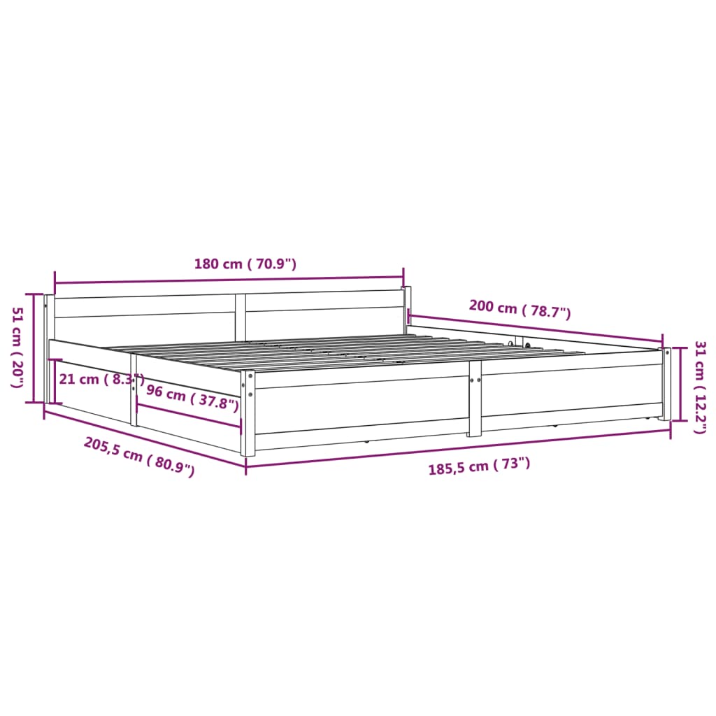 White King Bed Frame with Drawers Solid Pine Wood Storage Headboard