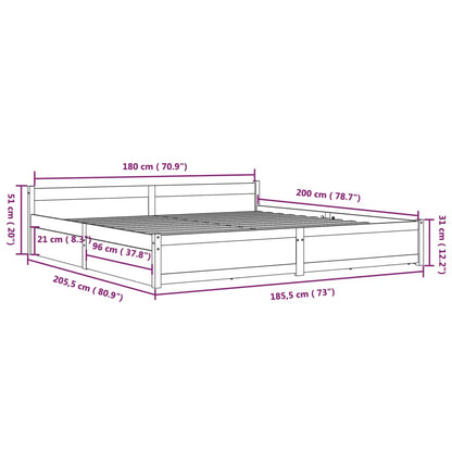 White King Bed Frame with Drawers Solid Pine Wood Storage Headboard