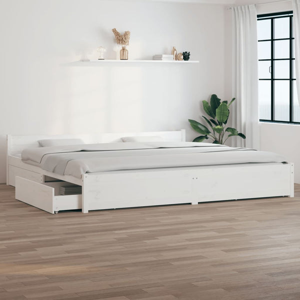  White King Bed Frame with Drawers Solid Pine Wood Storage Headboard