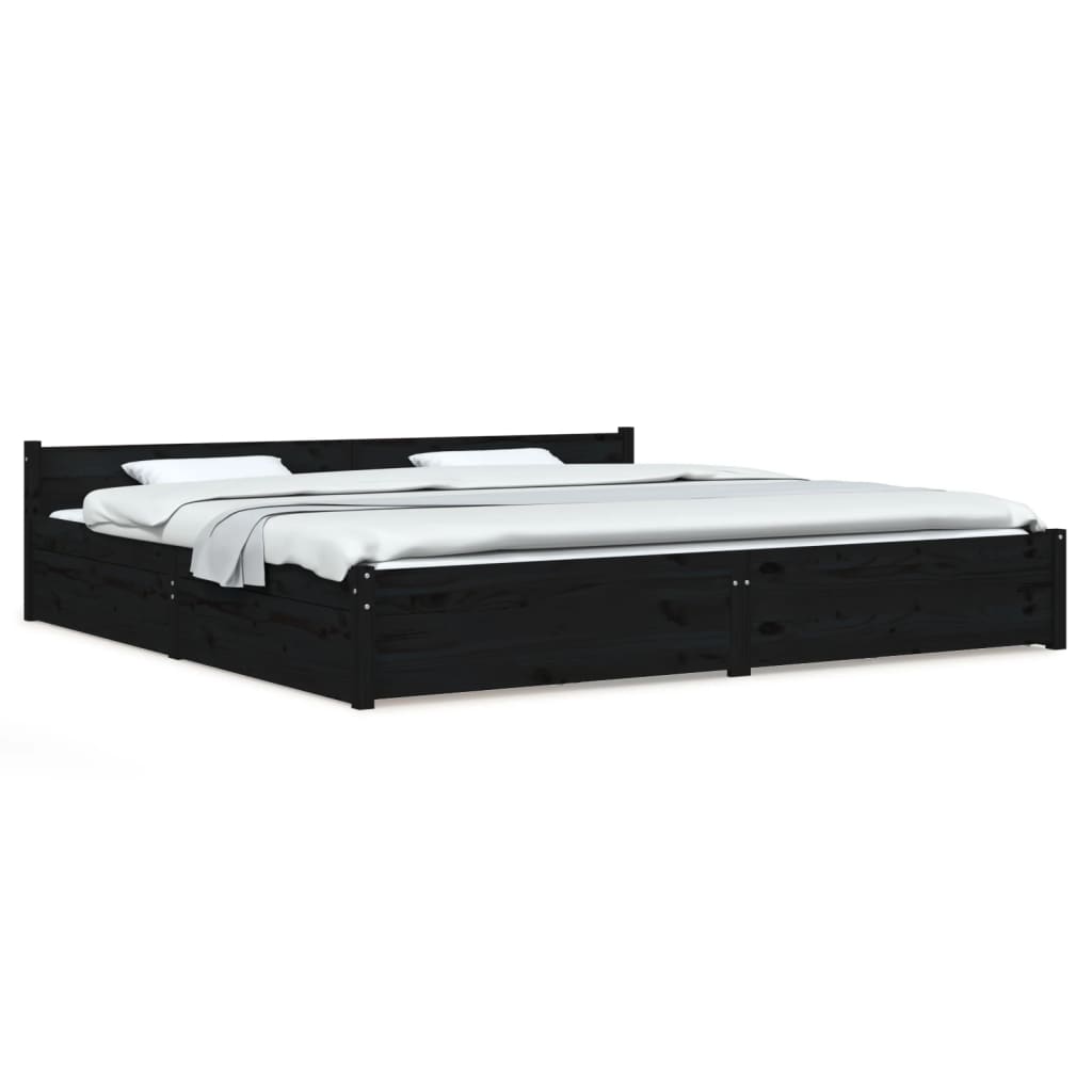 Black King Bed Frame with Drawers Solid Pinewood Sturdy Slats Headboard