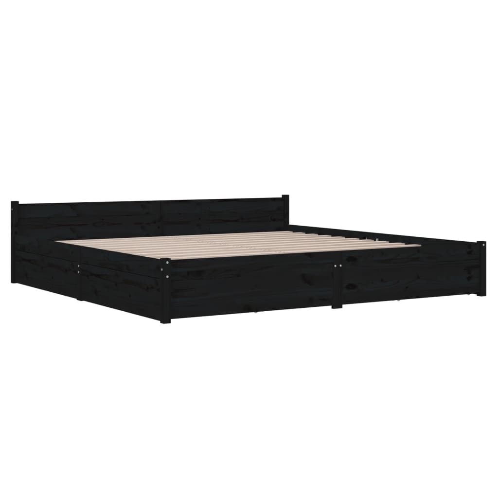 Black King Bed Frame with Drawers Solid Pinewood Sturdy Slats Headboard