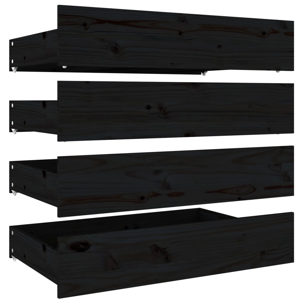 Black King Bed Frame with Drawers Solid Pinewood Sturdy Slats Headboard