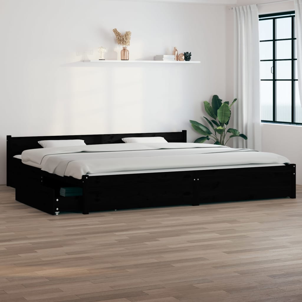 Black King Bed Frame with Drawers Solid Pinewood Sturdy Slats Headboard