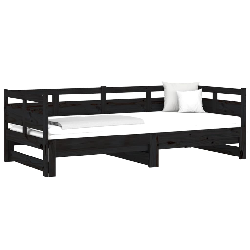 Pull-out Day Bed Black Solid Wood Pine Single Size