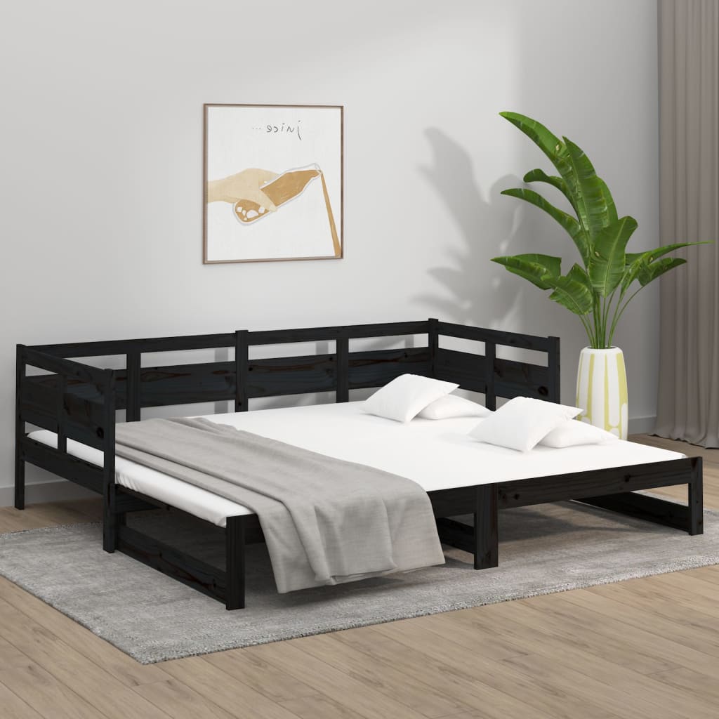 Pull-out Day Bed Black Solid Wood Pine Single Size