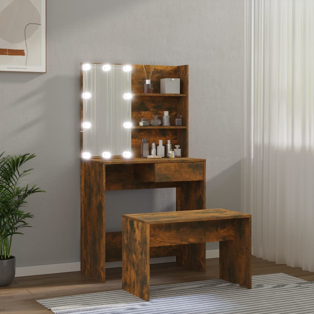 Dressing Table Set with LED Smoked Engineered Wood