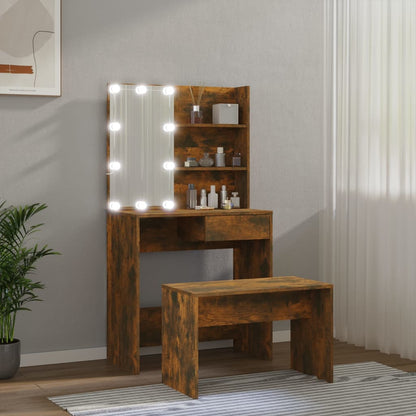 Dressing Table Set with LED Smoked Engineered Wood
