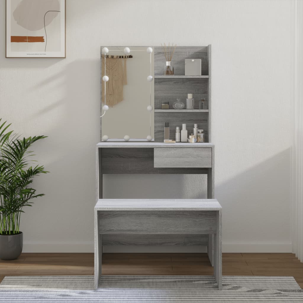 Dressing Table Set with LED Grey Wood