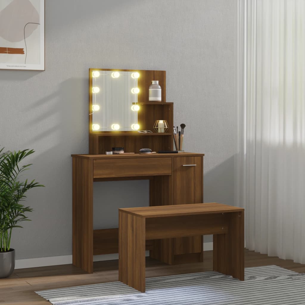 Dressing Table Set with LED Brown Engineered Wood