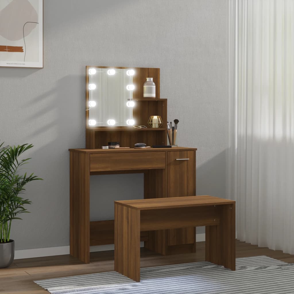 Dressing Table Set with LED Brown Engineered Wood