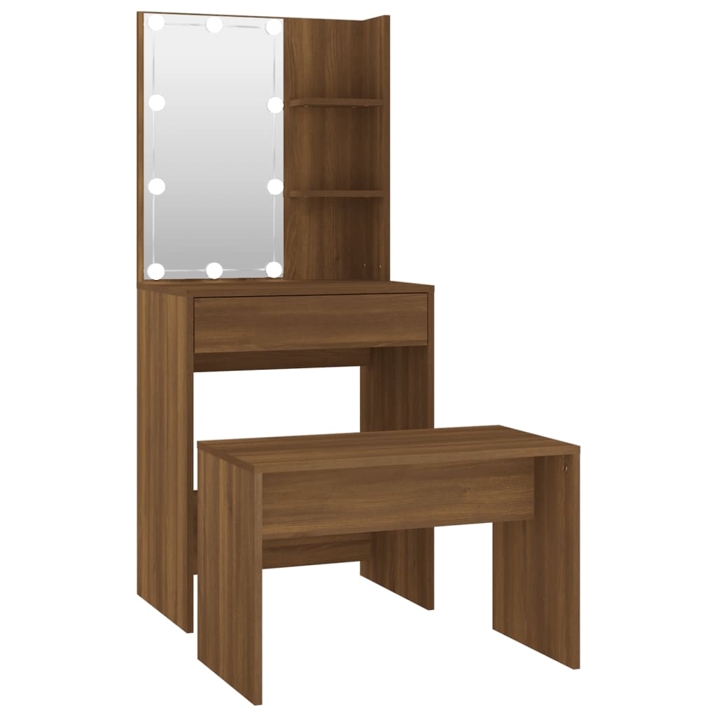 Dressing Table Set with LED Brown Oak Engineered Wood