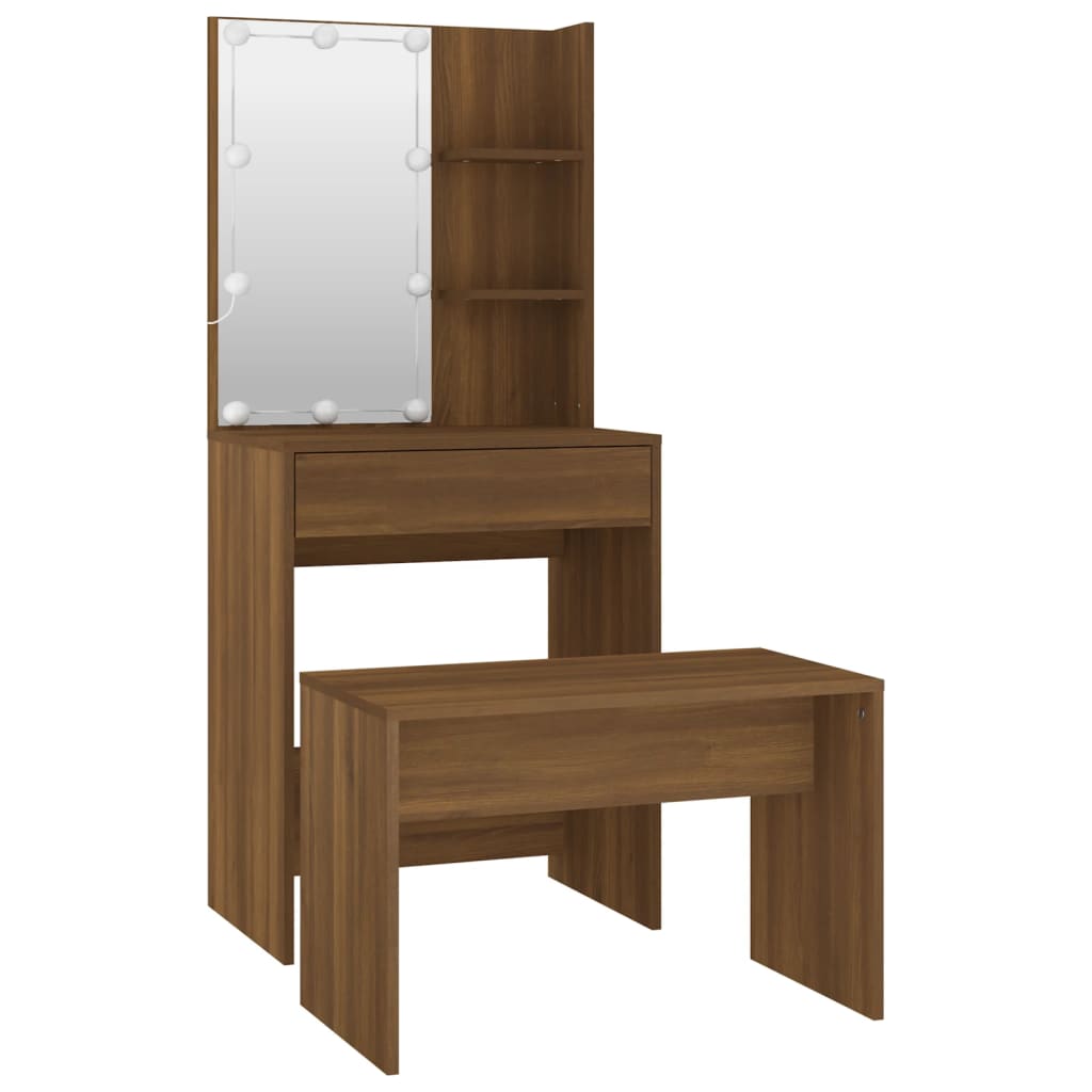 Dressing Table Set with LED Brown Oak Engineered Wood