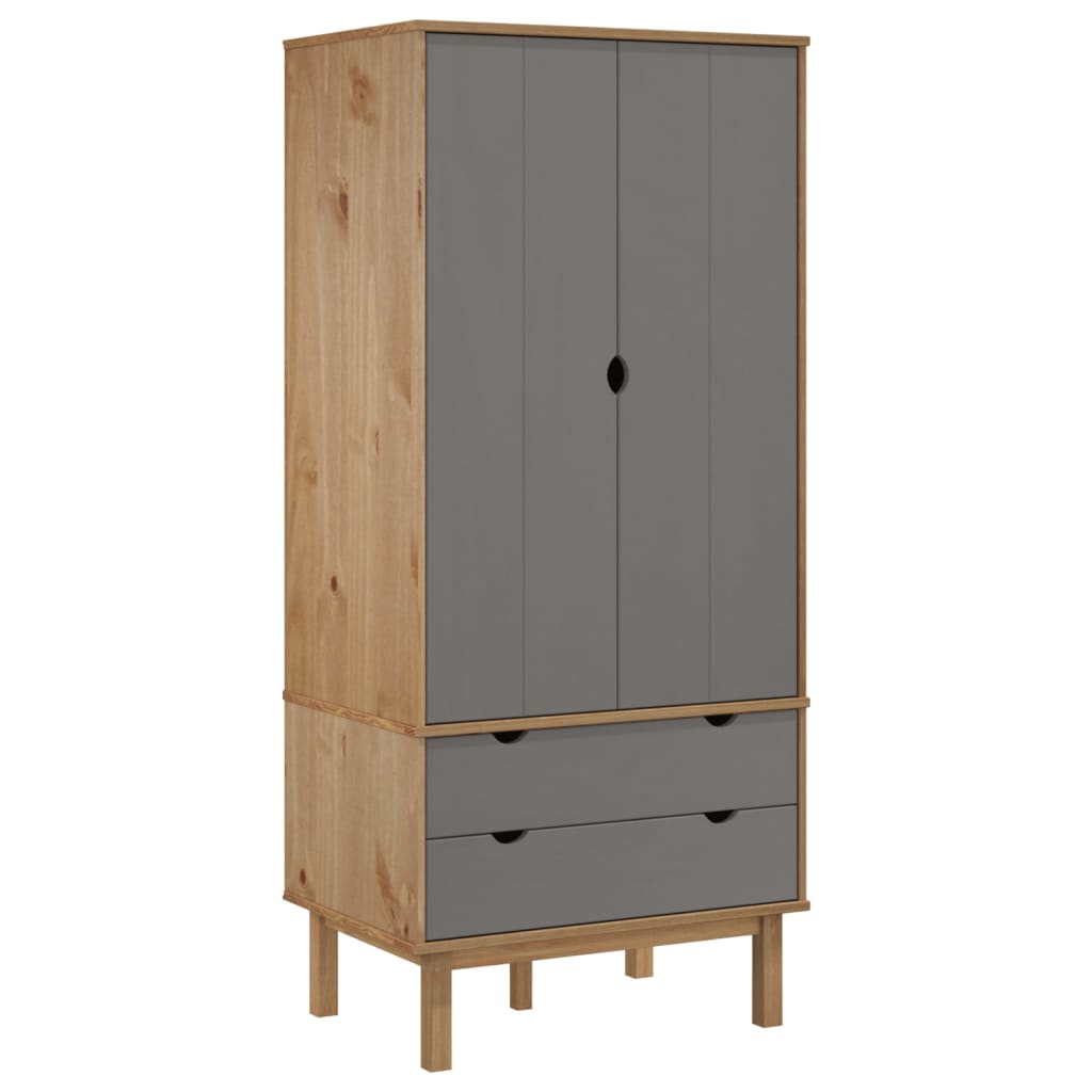 Solid Pine Wood Wardrobe Cabinet Freestanding Clothes Closet with Hanging Rail