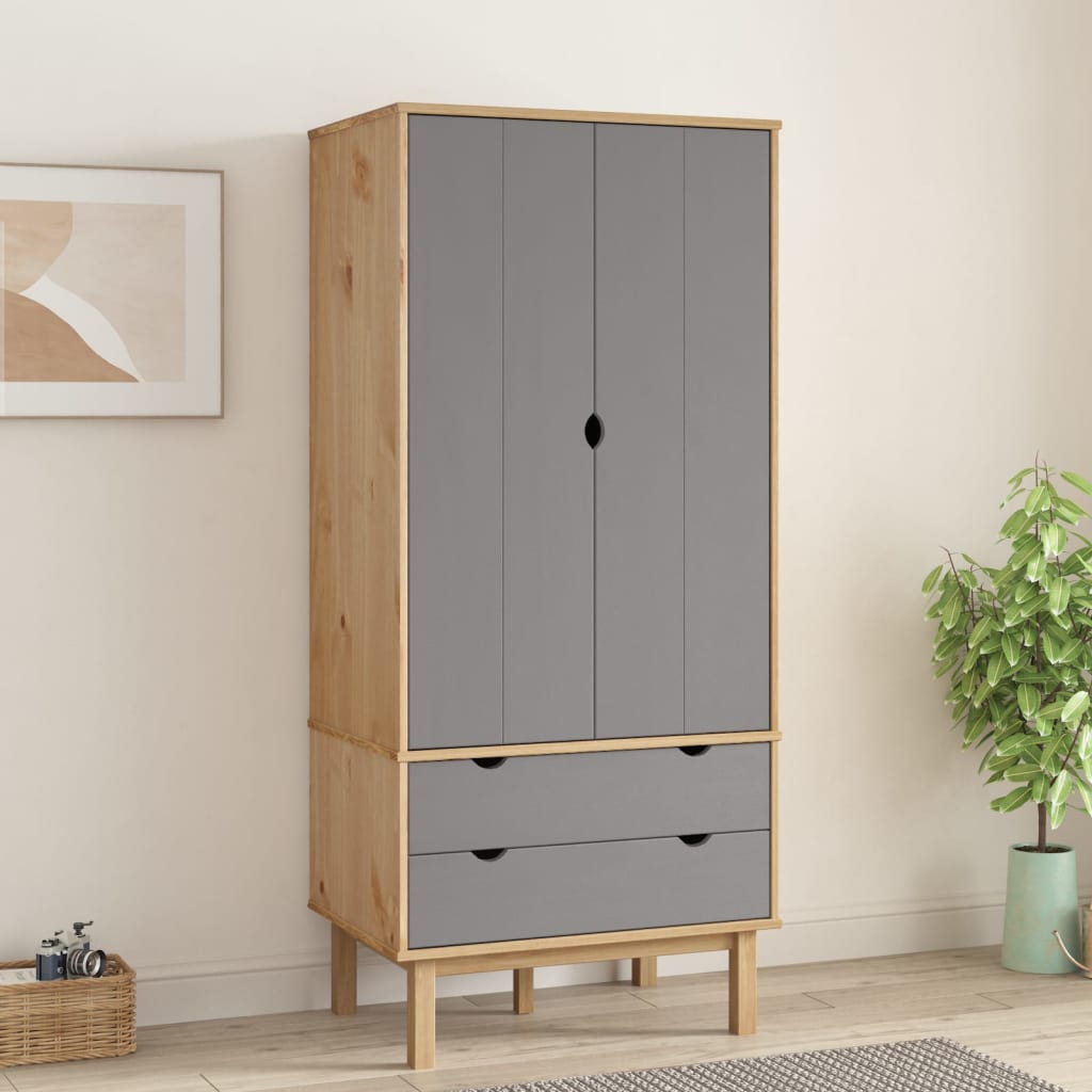 Solid Pine Wood Wardrobe Cabinet Freestanding Clothes Closet with Hanging Rail