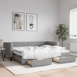 Daybed with Trundle and Drawers Light Grey Fabric Single Size