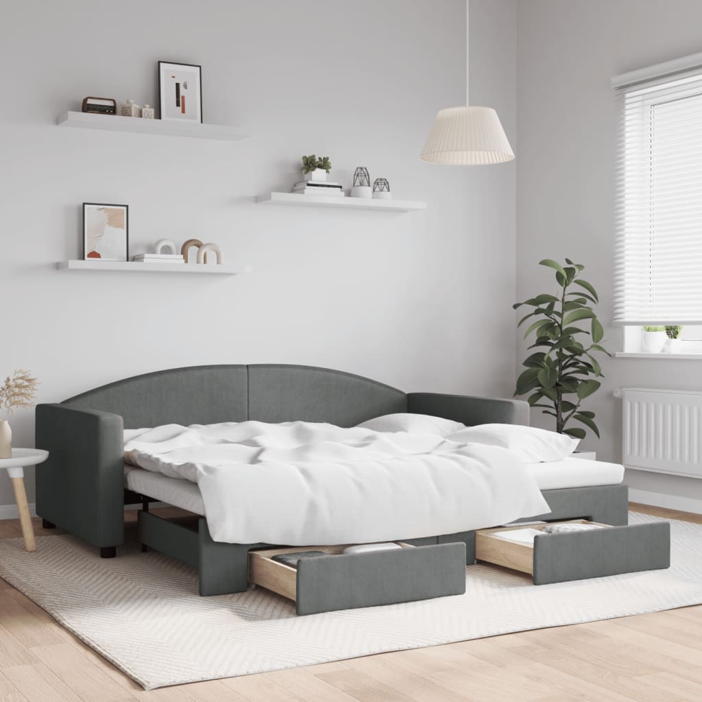 Single Daybed in Dark Grey with Trundle and Under-Bed Drawers