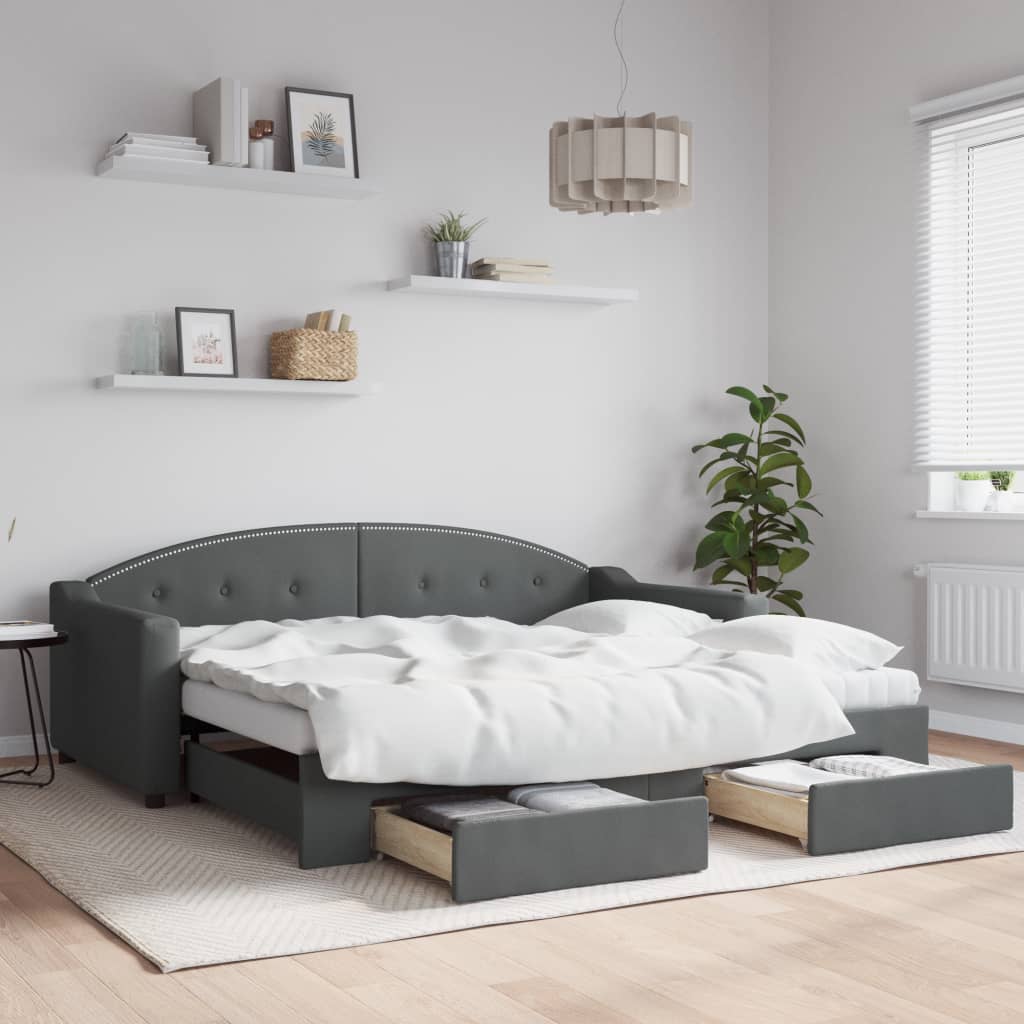 Dark Grey Daybed with Trundle and Storage Drawers for Single Mattress