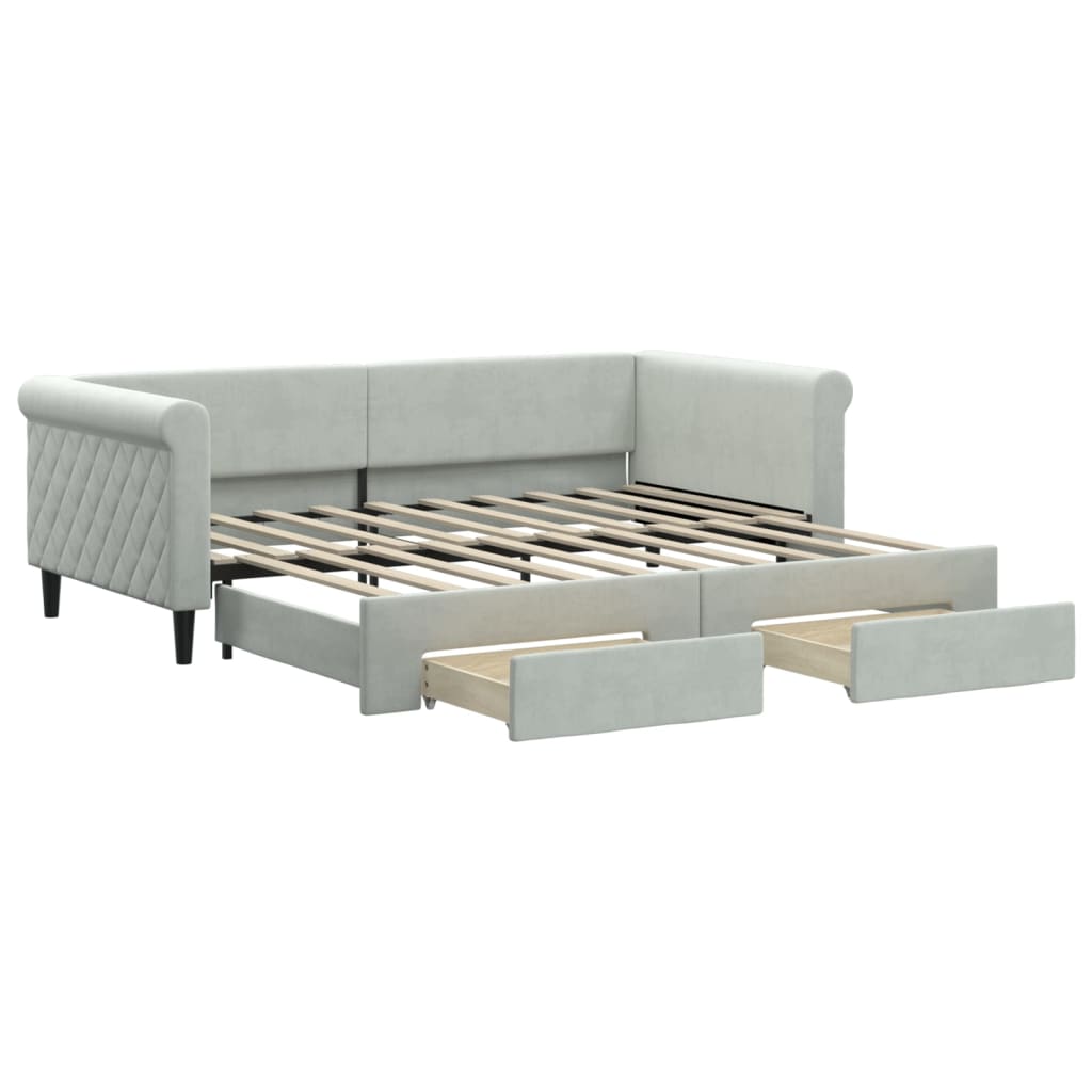 Light Grey Daybed with Trundle and Drawers Velvet Solid Wood Convertible Bed