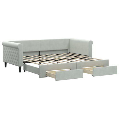 Light Grey Daybed with Trundle and Drawers Velvet Solid Wood Convertible Bed