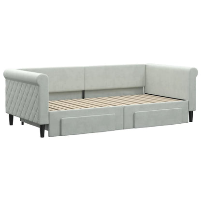 Light Grey Daybed with Trundle and Drawers Velvet Solid Wood Convertible Bed