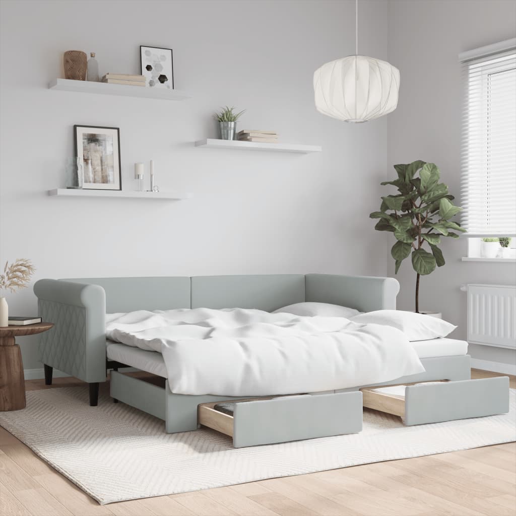 Light Grey Daybed with Trundle and Drawers Velvet Solid Wood Convertible Bed
