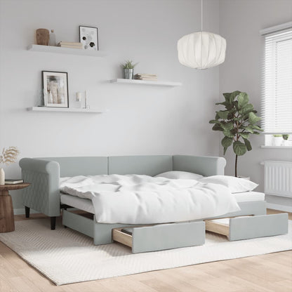 Light Grey Daybed with Trundle and Drawers Velvet Solid Wood Convertible Bed
