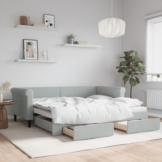 Light Grey Daybed with Trundle and Drawers Velvet Solid Wood Convertible Bed