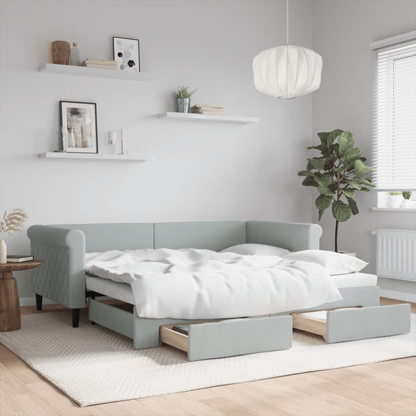  Light Grey Daybed with Trundle and Drawers Velvet Solid Wood Convertible Bed