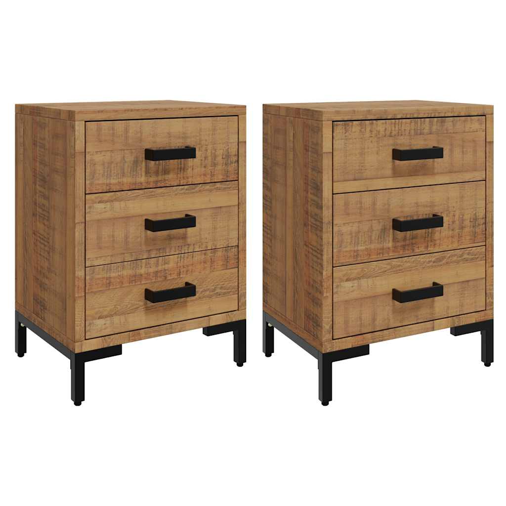 Solid Pinewood Bedside Cabinets 2 pcs 3-Drawer Side Tables with Metal Feet