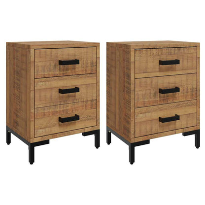 Solid Pinewood Bedside Cabinets 2 pcs 3-Drawer Side Tables with Metal Feet