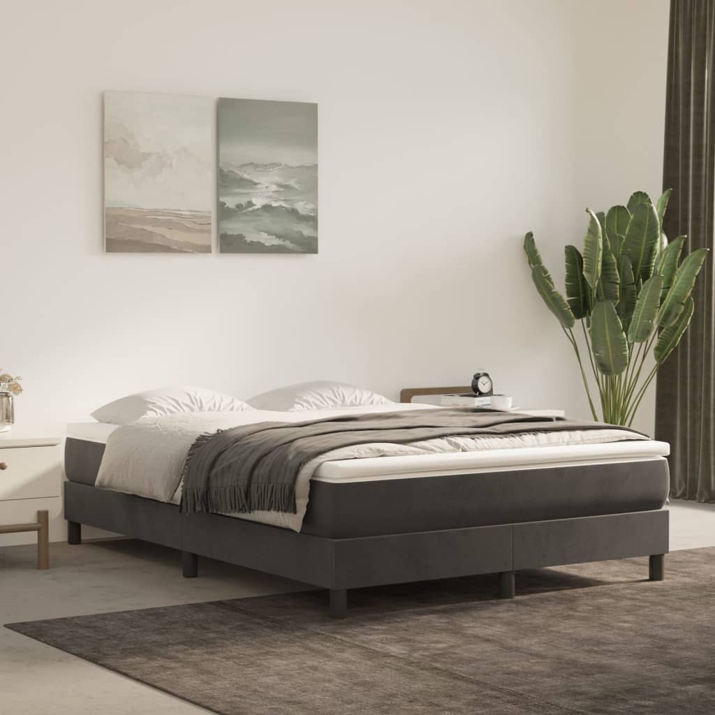 Dark Grey Velvet Box Spring Bed with Mattress Full Size Plywood Slatted Base