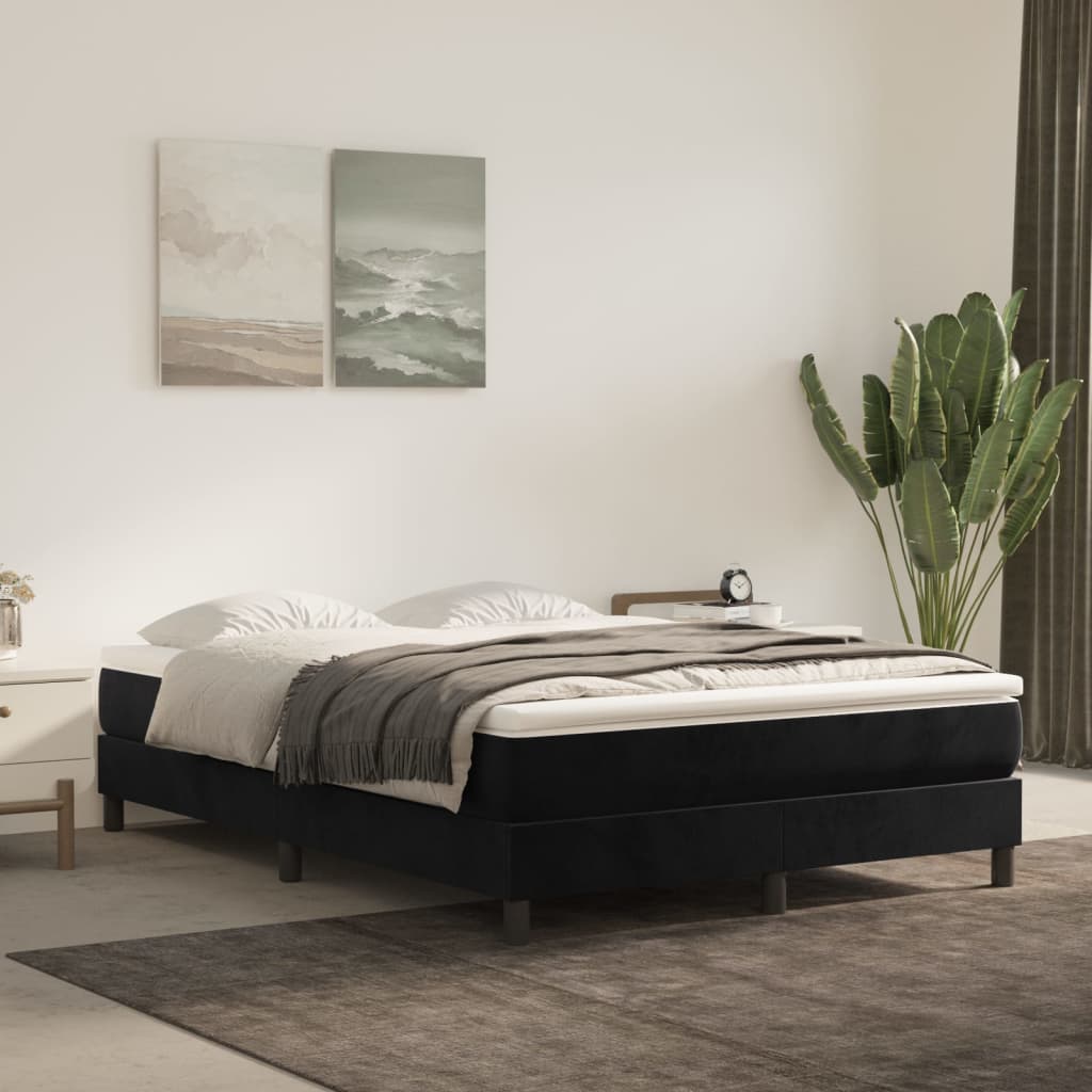 Black Double Velvet Box Spring Bed with Pocket Spring Mattress and Foam Topper