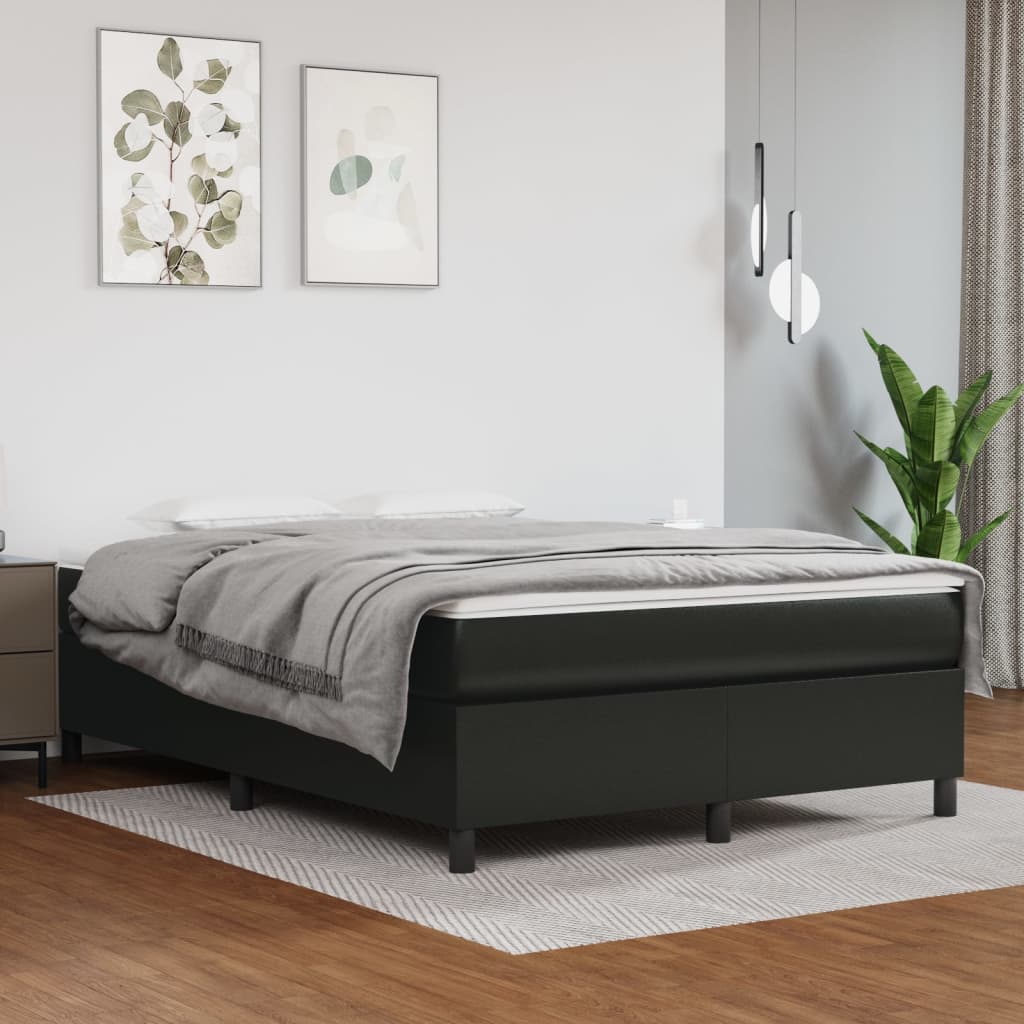 Black Double Box Spring Bed with Pocket Spring Faux Leather Mattress 