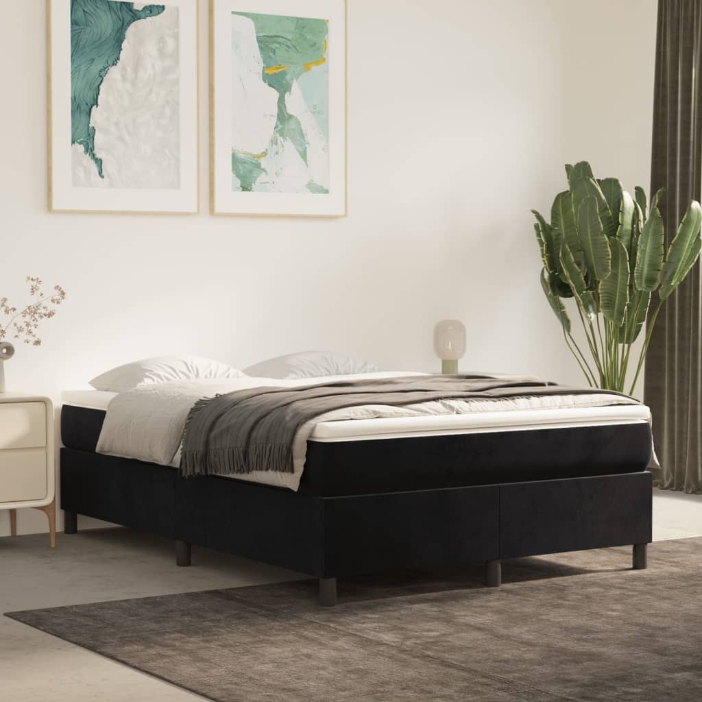 Black Full Box Spring Bed with Velvet Pocket Spring Mattress and Topper