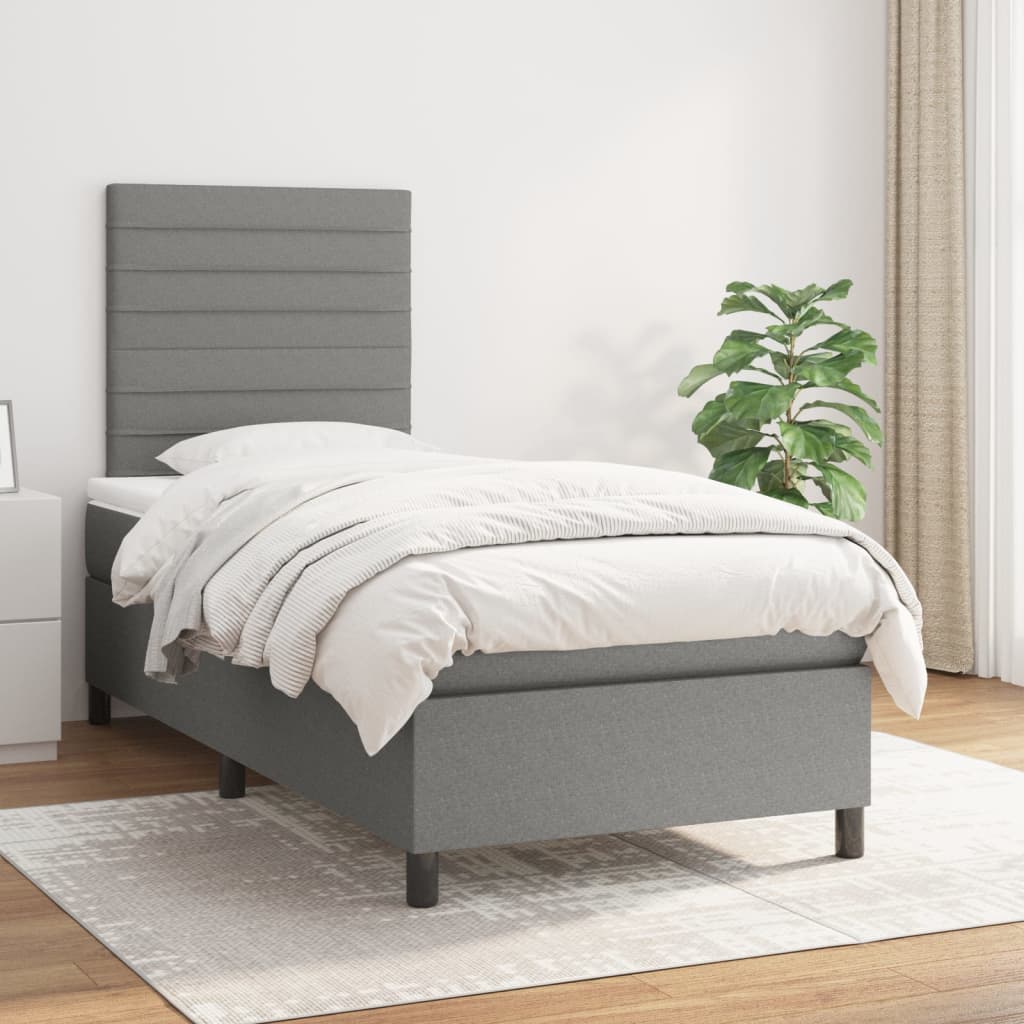 King Single Box Spring Bed with Mattress Pocket Spring Fabric Adjustable Headboard Dark Grey