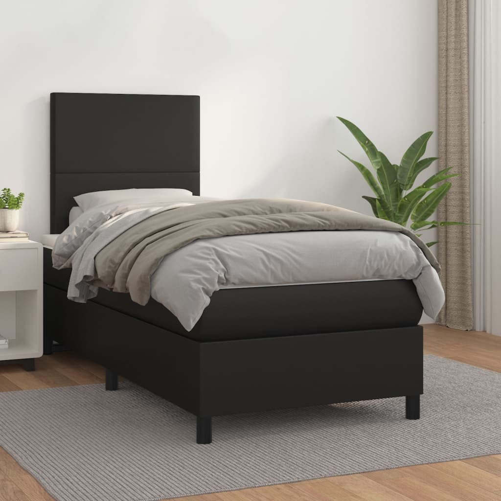 Black Faux Leather Box Spring Bed Pocket Spring Mattress King Single with Topper