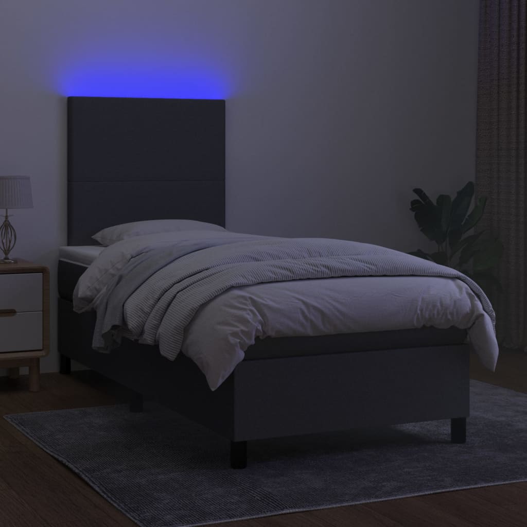 King Single Box Spring Bed with LED Fabric Mattress Dark Grey Pocket Spring