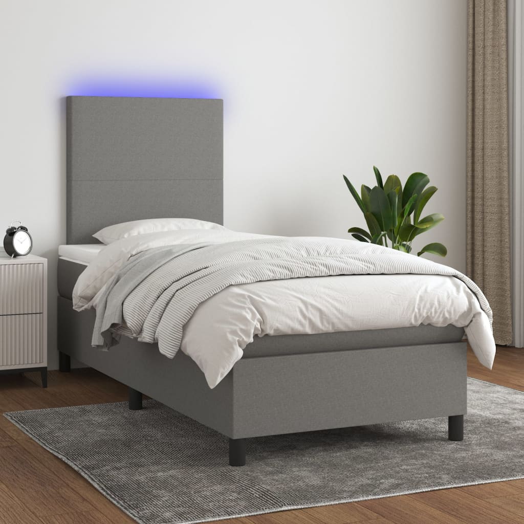 King Single Box Spring Bed with LED Fabric Mattress Dark Grey Pocket Spring