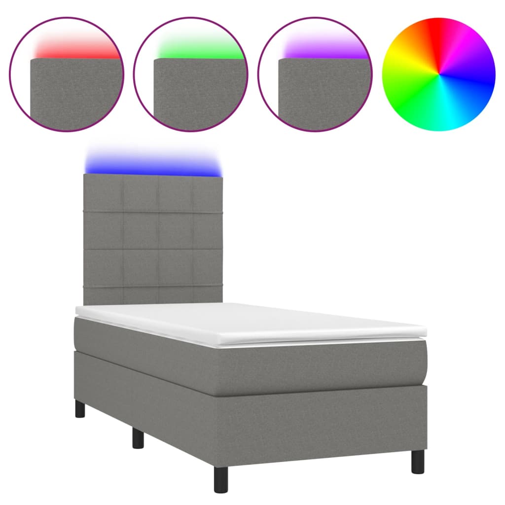 Dark Grey King Single Box Spring Bed with Fabric Pocket Spring Mattress & LED
