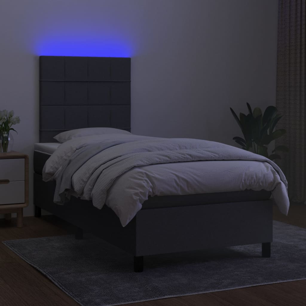 Dark Grey King Single Box Spring Bed with Fabric Pocket Spring Mattress & LED