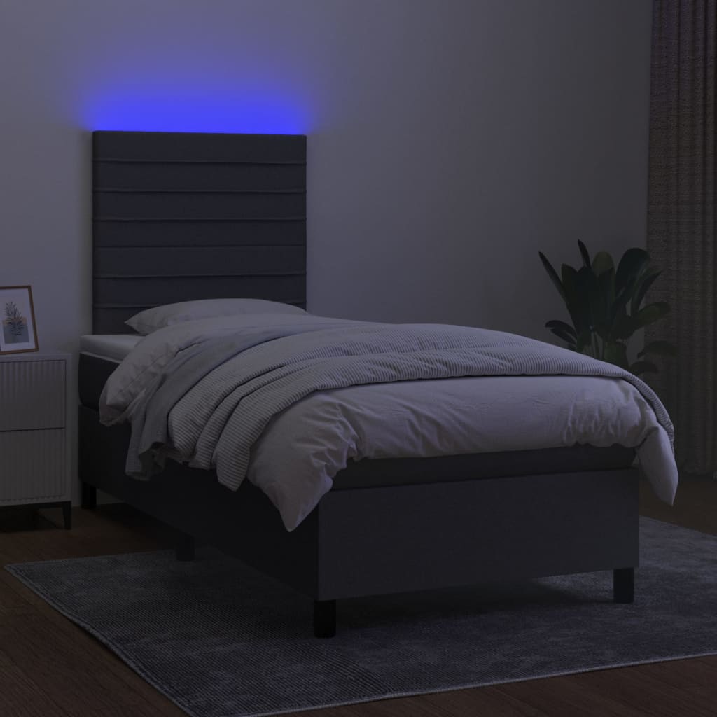 Dark Grey Fabric Box Spring Bed with LED Pocket Spring Mattress King Single