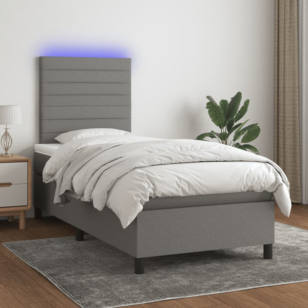  Dark Grey Fabric Box Spring Bed with LED Pocket Spring Mattress King Single