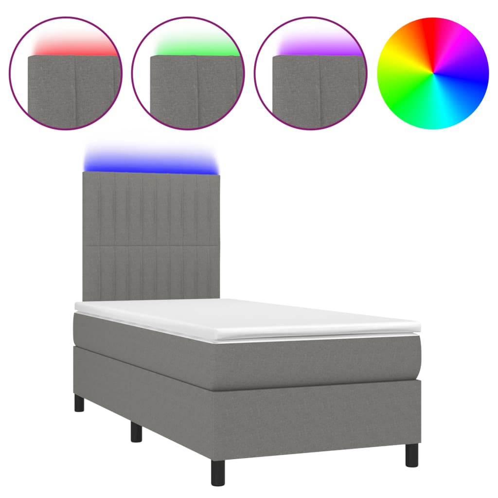 Dark Grey Box Spring Bed with LED Fabric Mattress King Single Adjustable Headboard