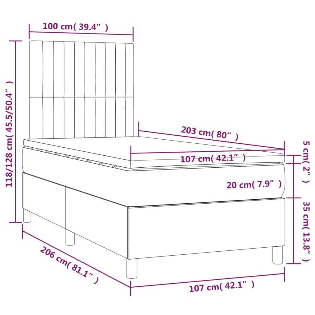 Dark Grey Box Spring Bed with LED Fabric Mattress King Single Adjustable Headboard