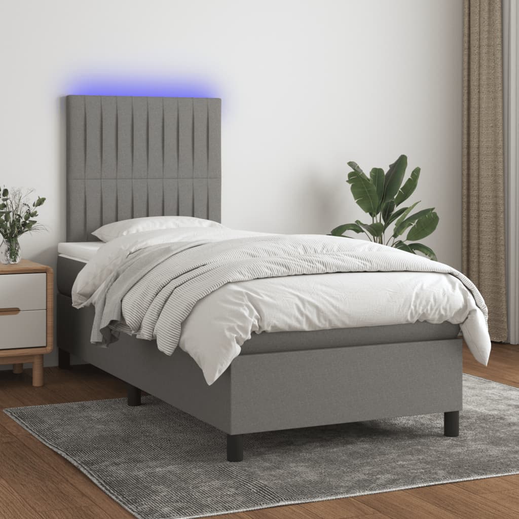 Dark Grey Box Spring Bed with LED Fabric Mattress King Single Adjustable Headboard