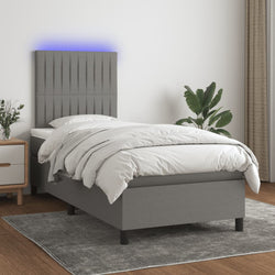 Dark Grey Box Spring Bed with LED Fabric Mattress King Single Adjustable Headboard