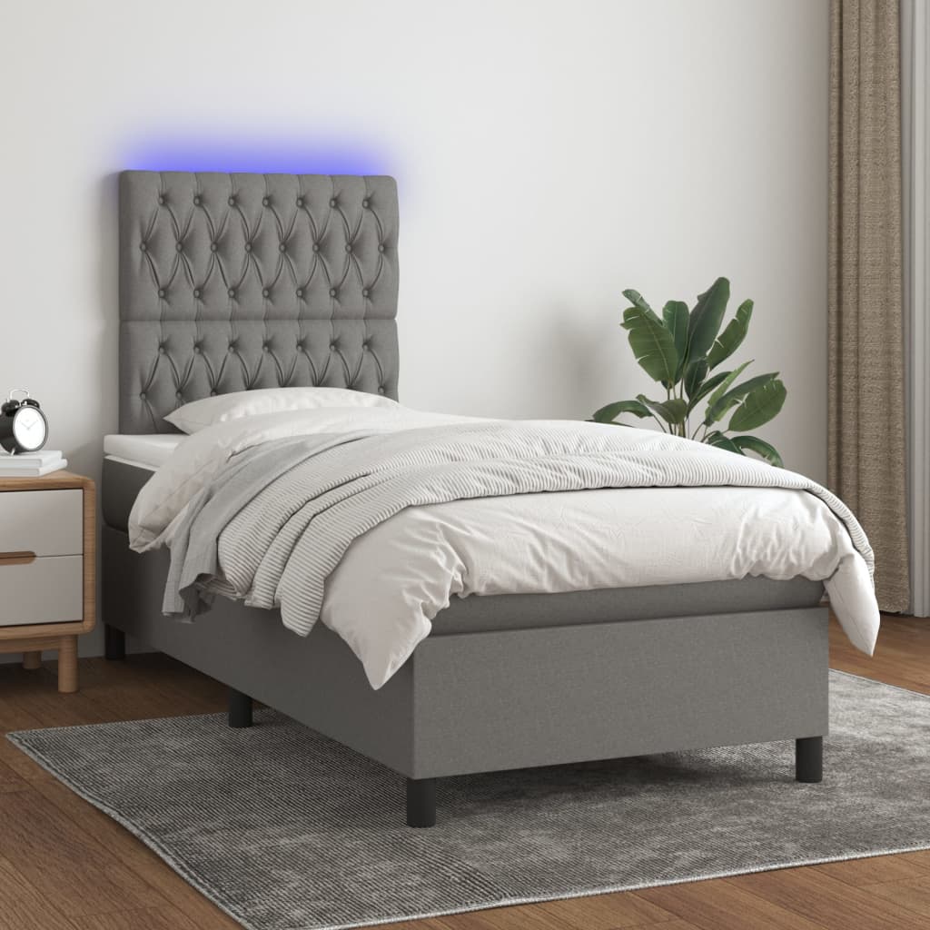Dark Grey  Box Spring Bed with LED Pocket Spring Velvet Mattress King Single