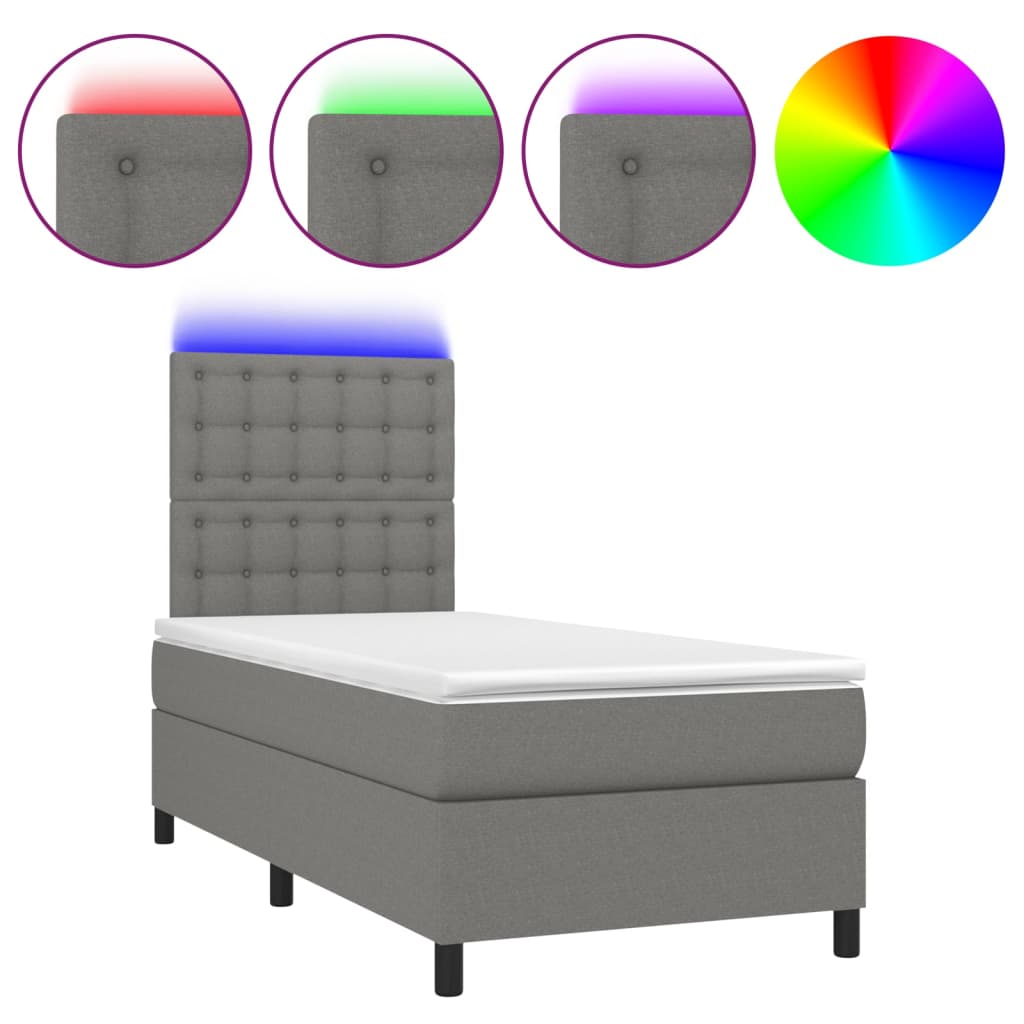 Dark Grey Box Spring Bed with LED Fabric Pocket Spring Mattress King Single