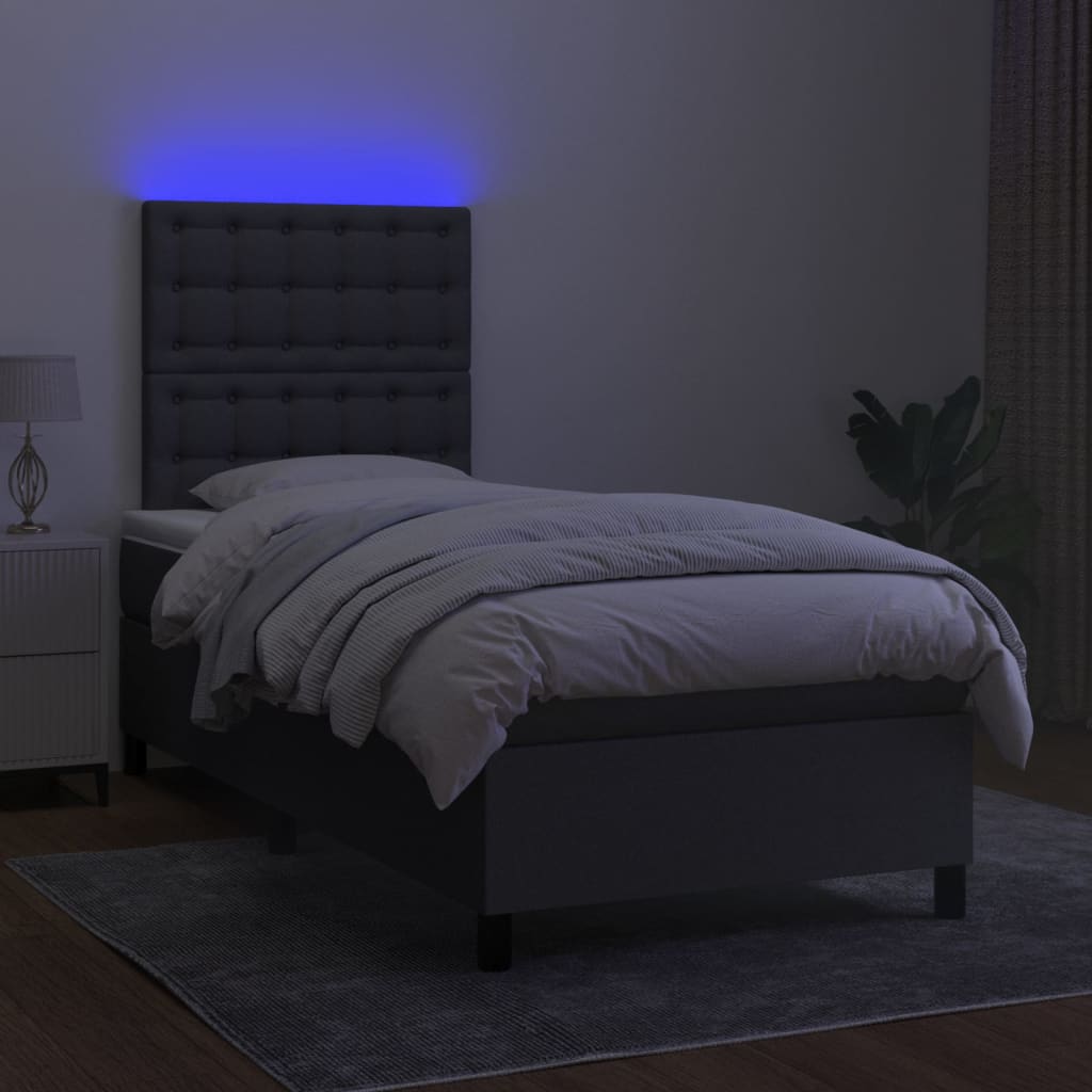 Dark Grey Box Spring Bed with LED Fabric Pocket Spring Mattress King Single